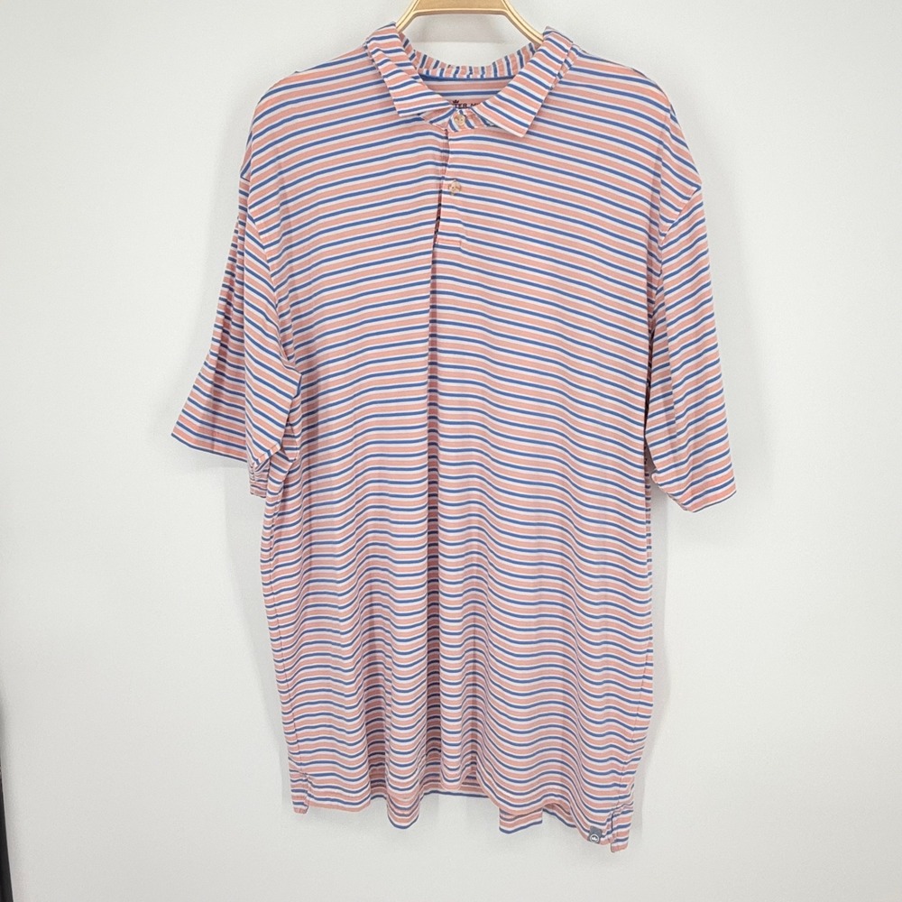 Peter Millar Seaside Polo Shirt Mens XXL Coral Blue Striped Stretch Golf